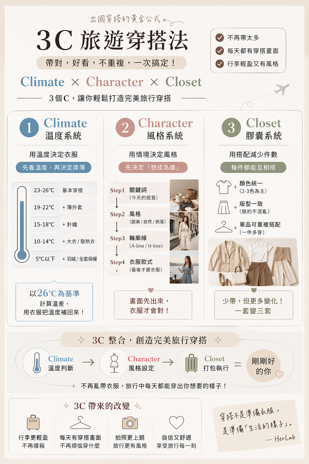 3C旅遊穿搭法：Climate 溫度系統、Character 風格系統、Closet 膠囊系統